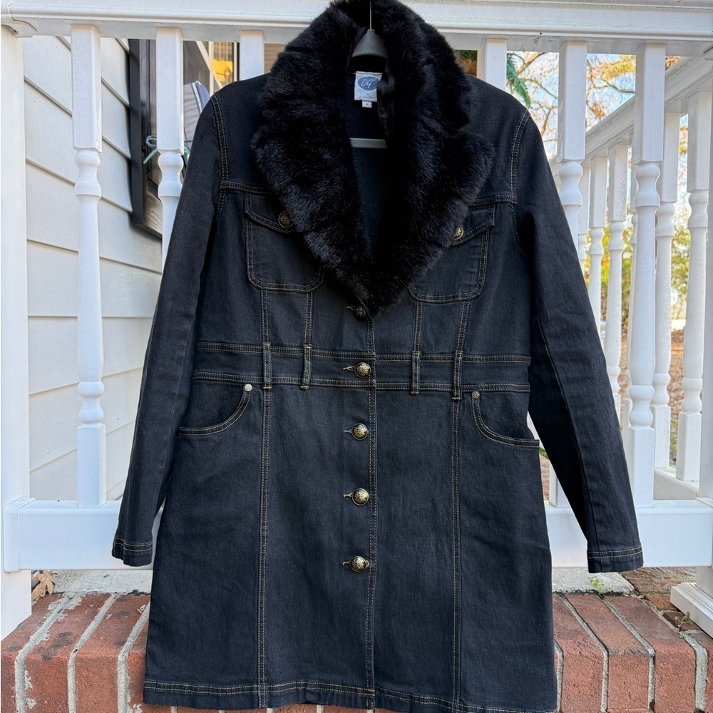 Vintage Diane Gilman DG Trucker Fur Collar Stretchy Jacket Dress Size Medium - Picture 3 of 7